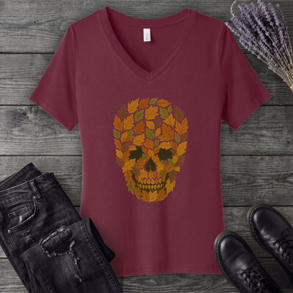 autumn leaves skull V-Neck T-Shirt