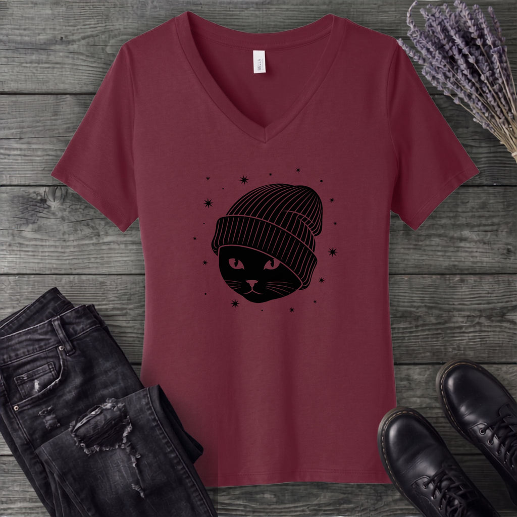 black_cat_beanie V-Neck T-Shirt