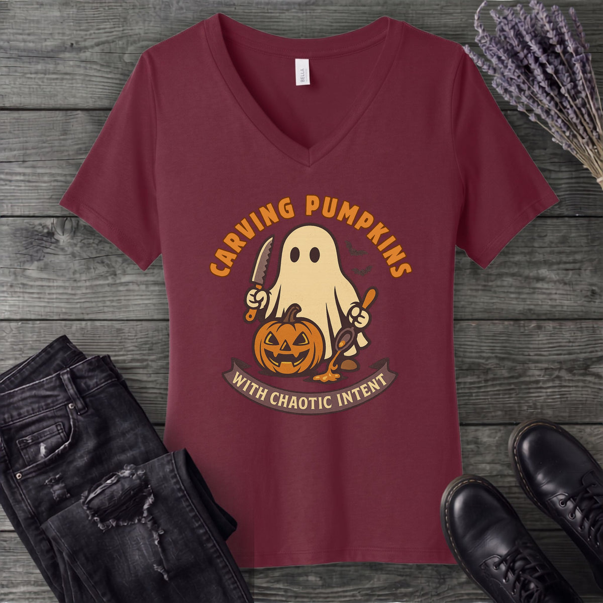 Carving Pumpkins Chaotic V-Neck T-Shirt