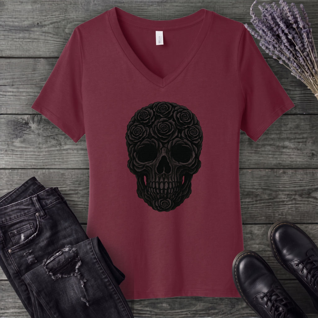 Black Rose Skull V-Neck T-Shirt