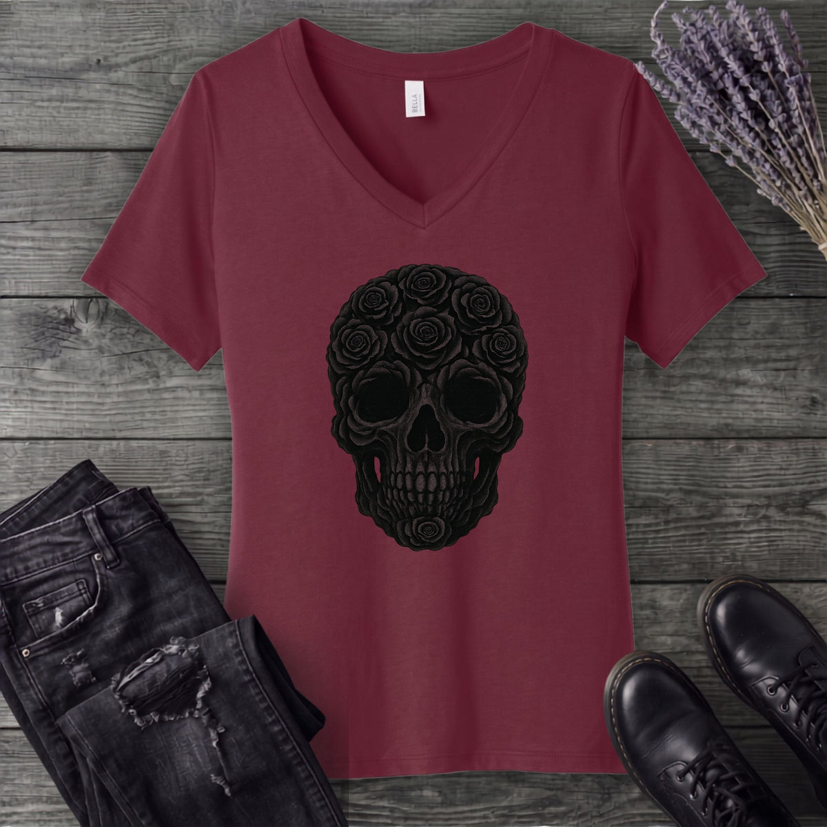 Black Rose Skull V-Neck T-Shirt