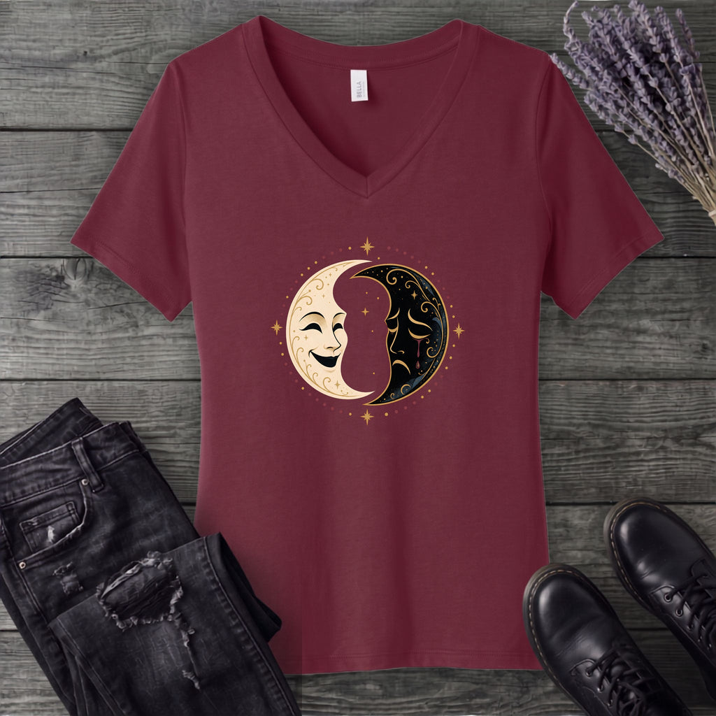 Comedy Tragedy Moons V-Neck T-Shirt