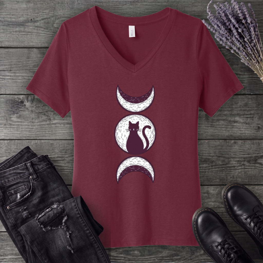 Triple Moon Goddess Cat V-Neck T-Shirt
