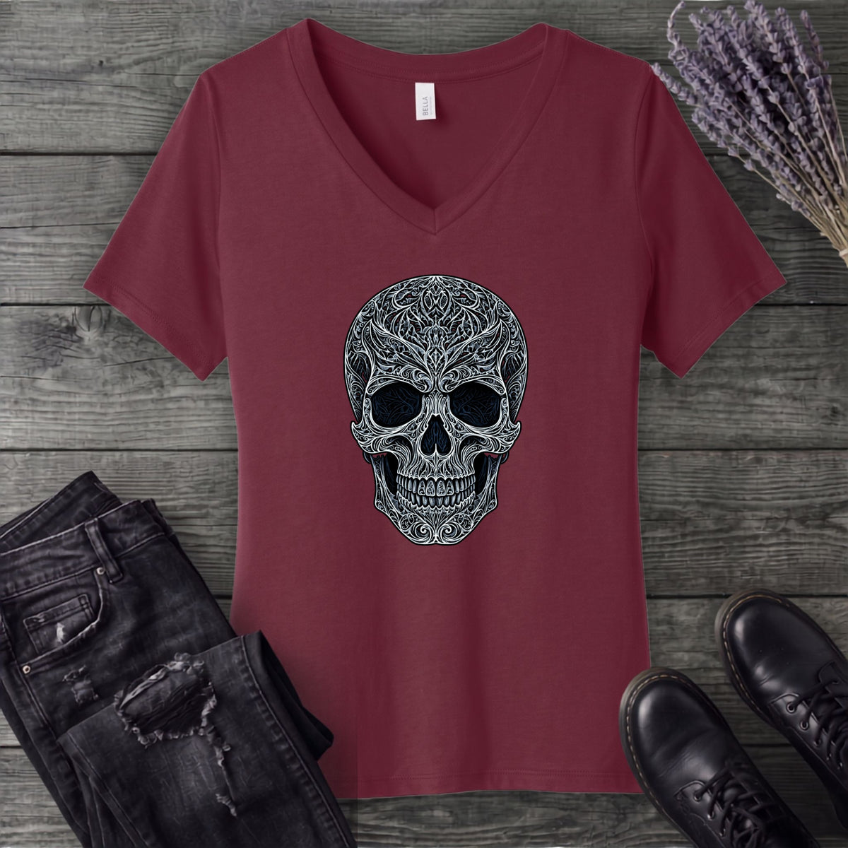 Filigree Skull V-Neck T-Shirt