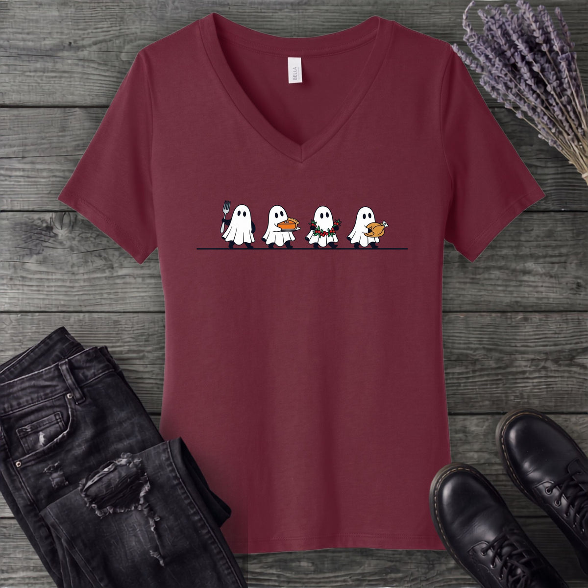 Four Ghost Thanksgiving V-Neck T-Shirt