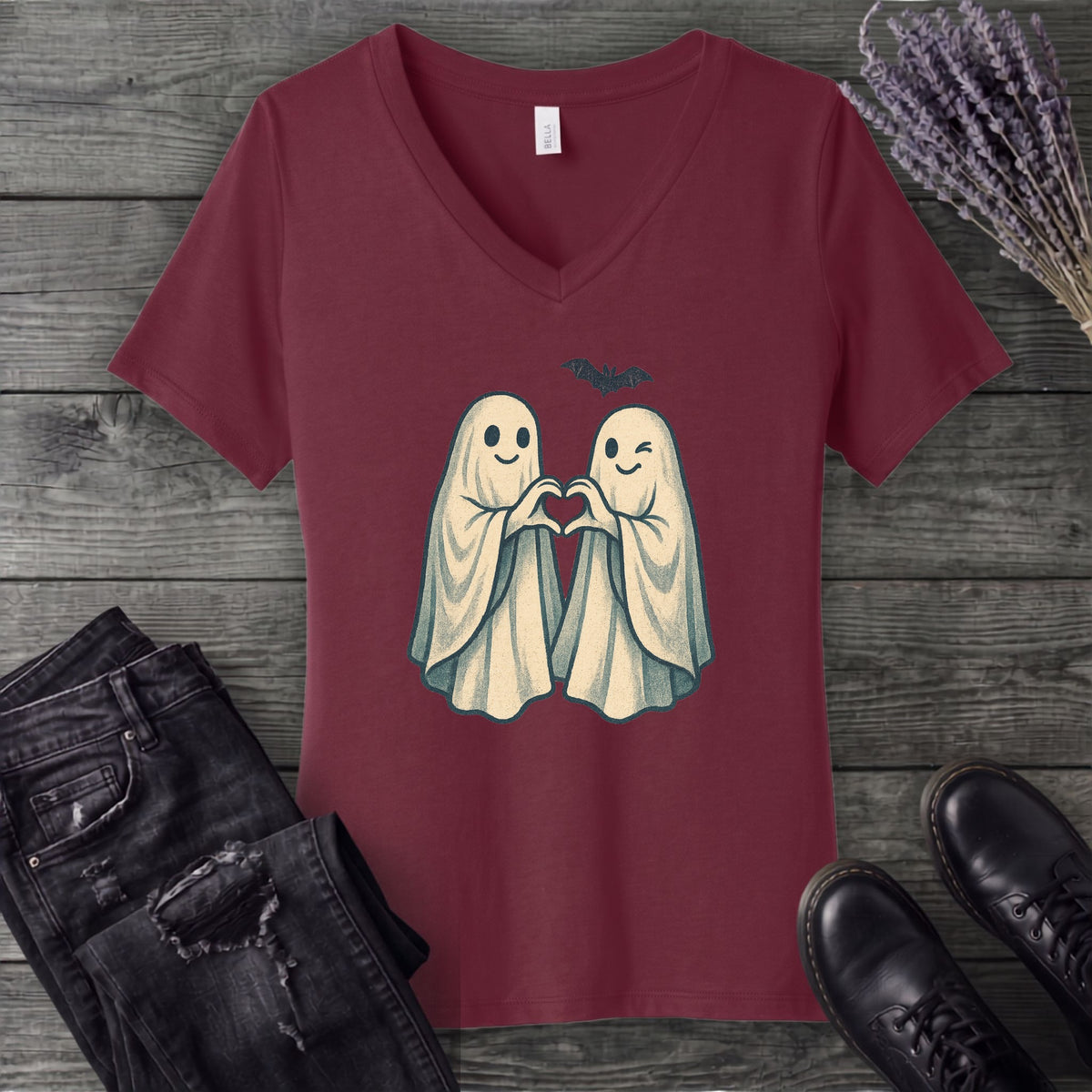 Two Ghosts Heart Hands V-Neck T-Shirt