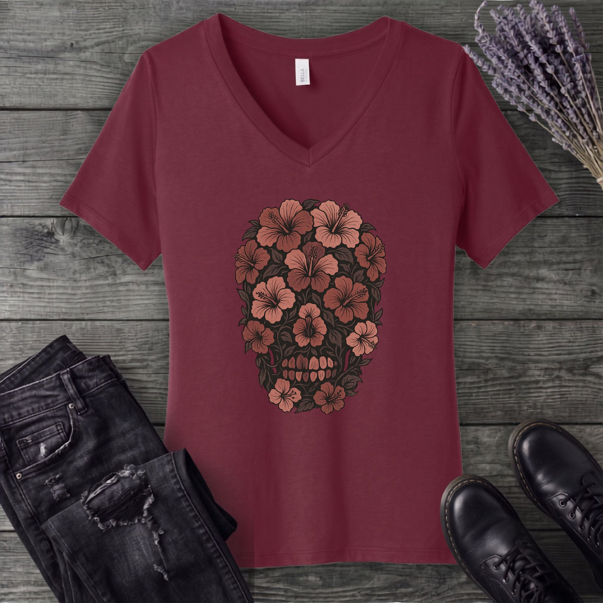Hibiscus Skull V-Neck T-Shirt