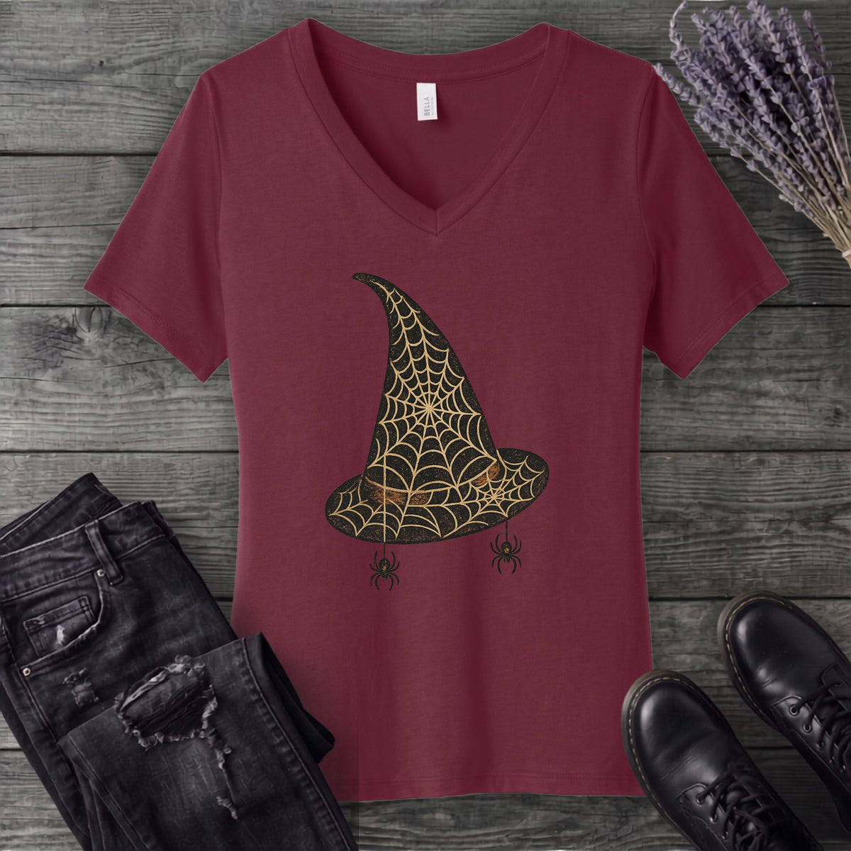 Spiderweb Witch Hat V-Neck T-Shirt