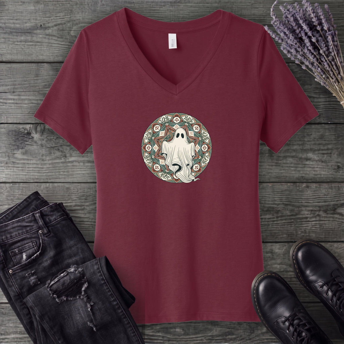 Boho Ghost Mandala V-Neck T-Shirt