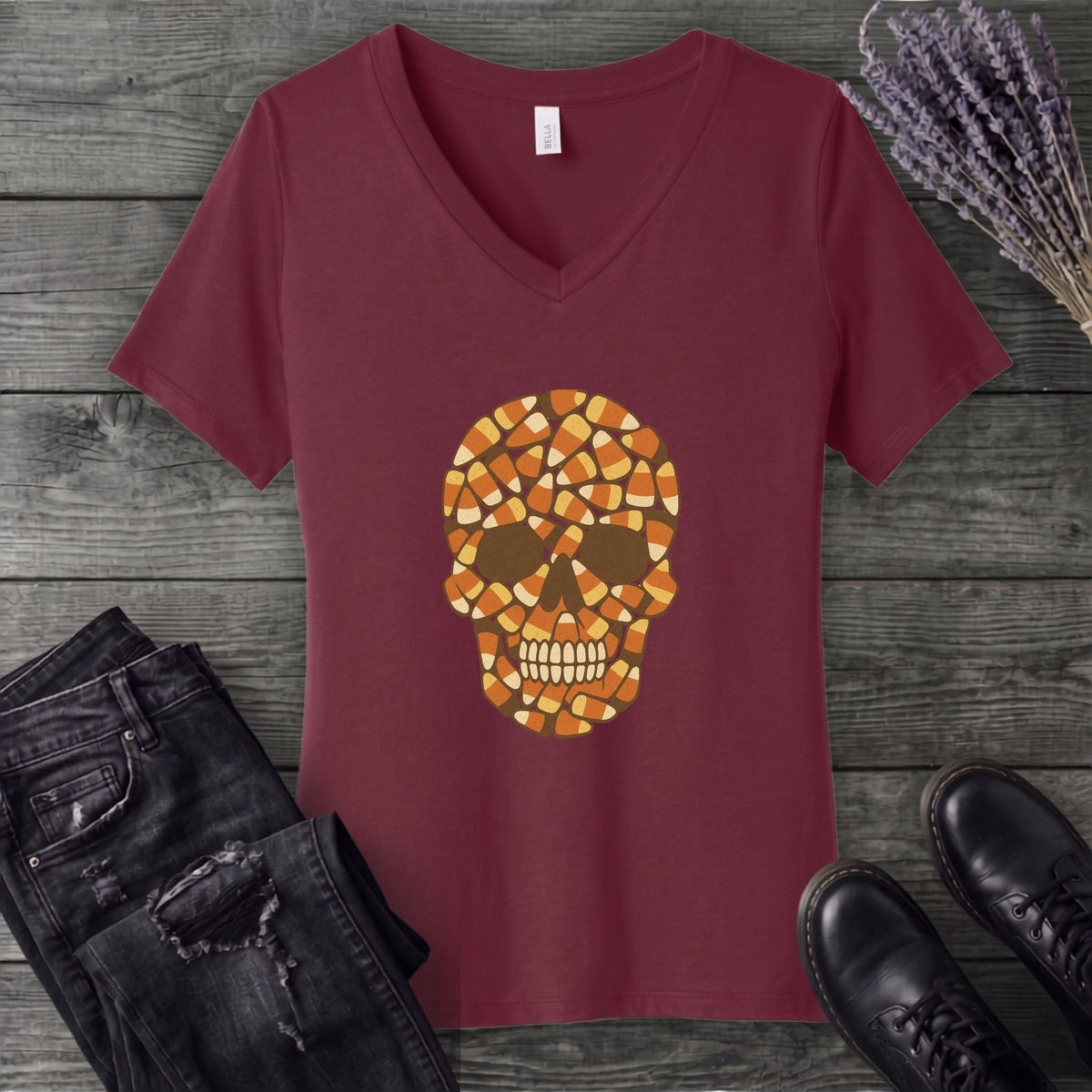 Candy Corn Skull V-Neck T-Shirt