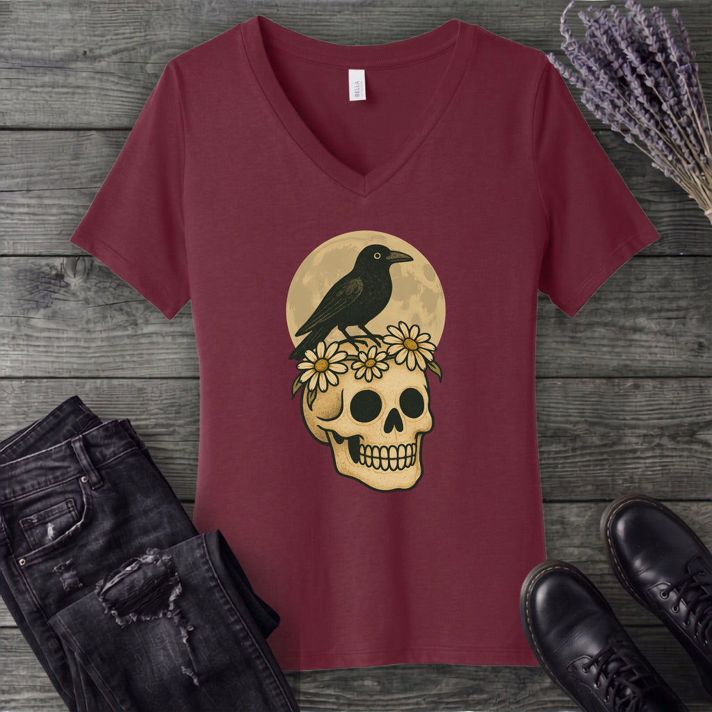 Crow On Skull V-Neck T-Shirt