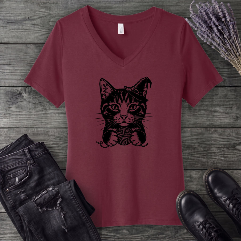 Witchy Yarn Cat V-Neck T-Shirt