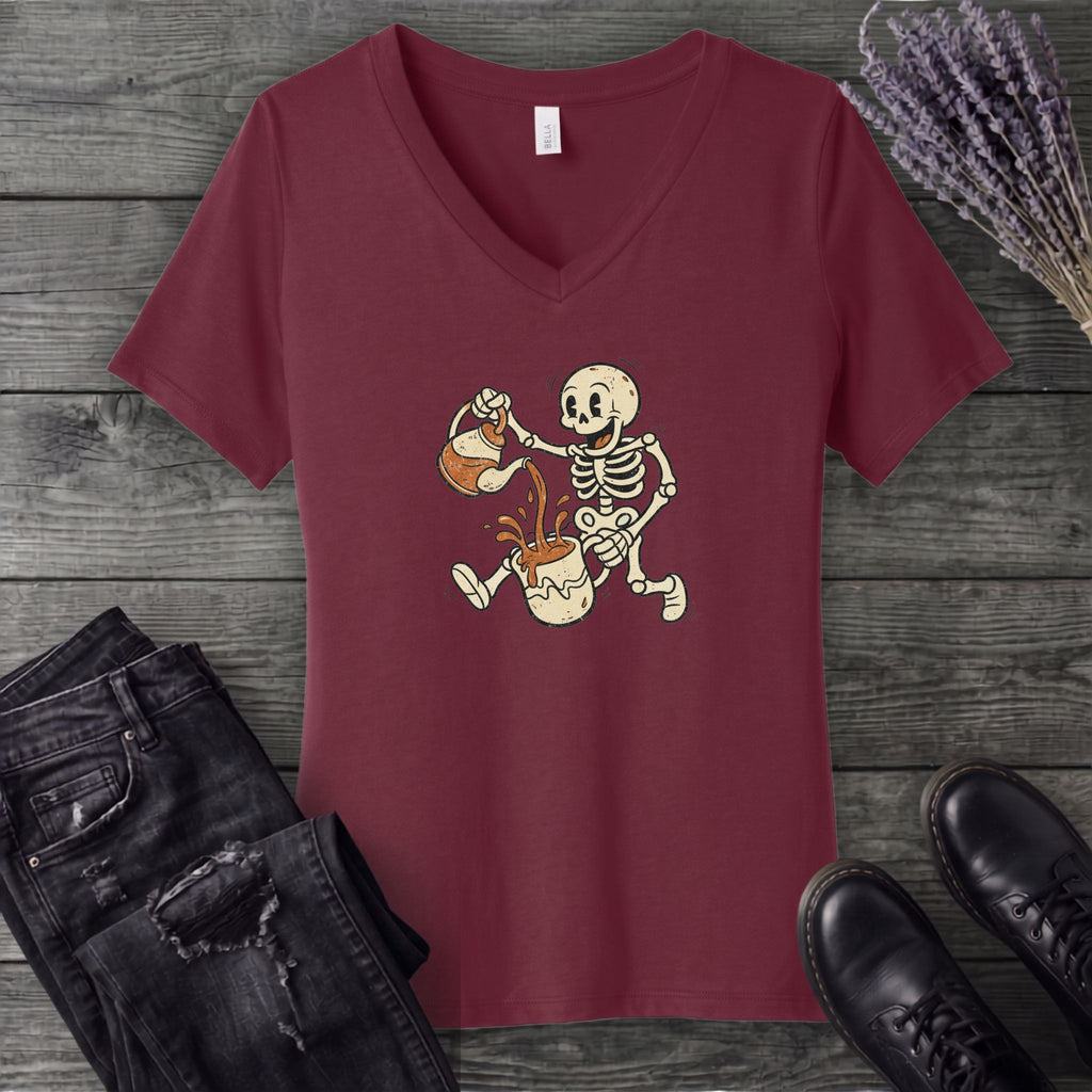 Coffee Skeleton Cartoon V-Neck T-Shirt