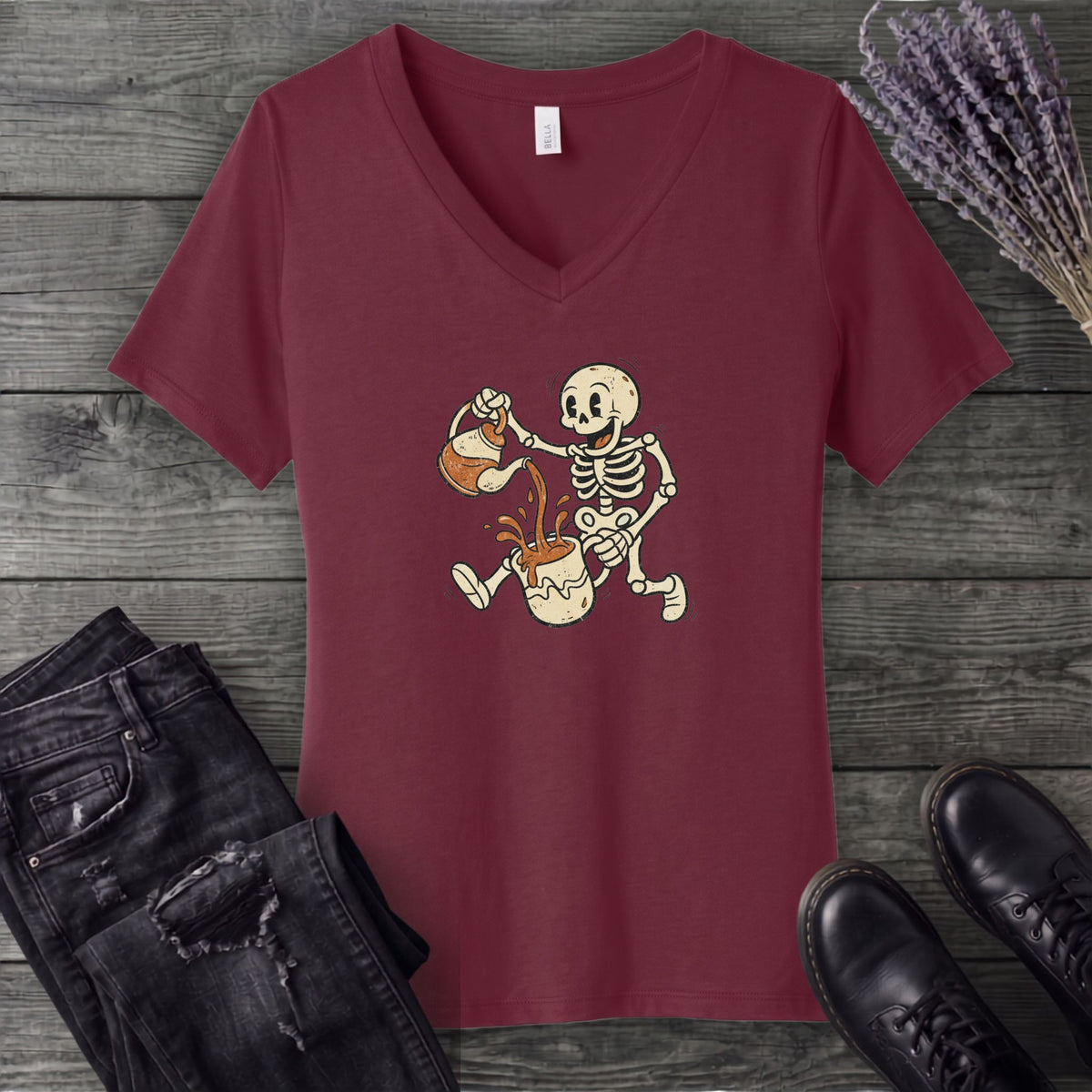 Coffee Skeleton Cartoon V-Neck T-Shirt