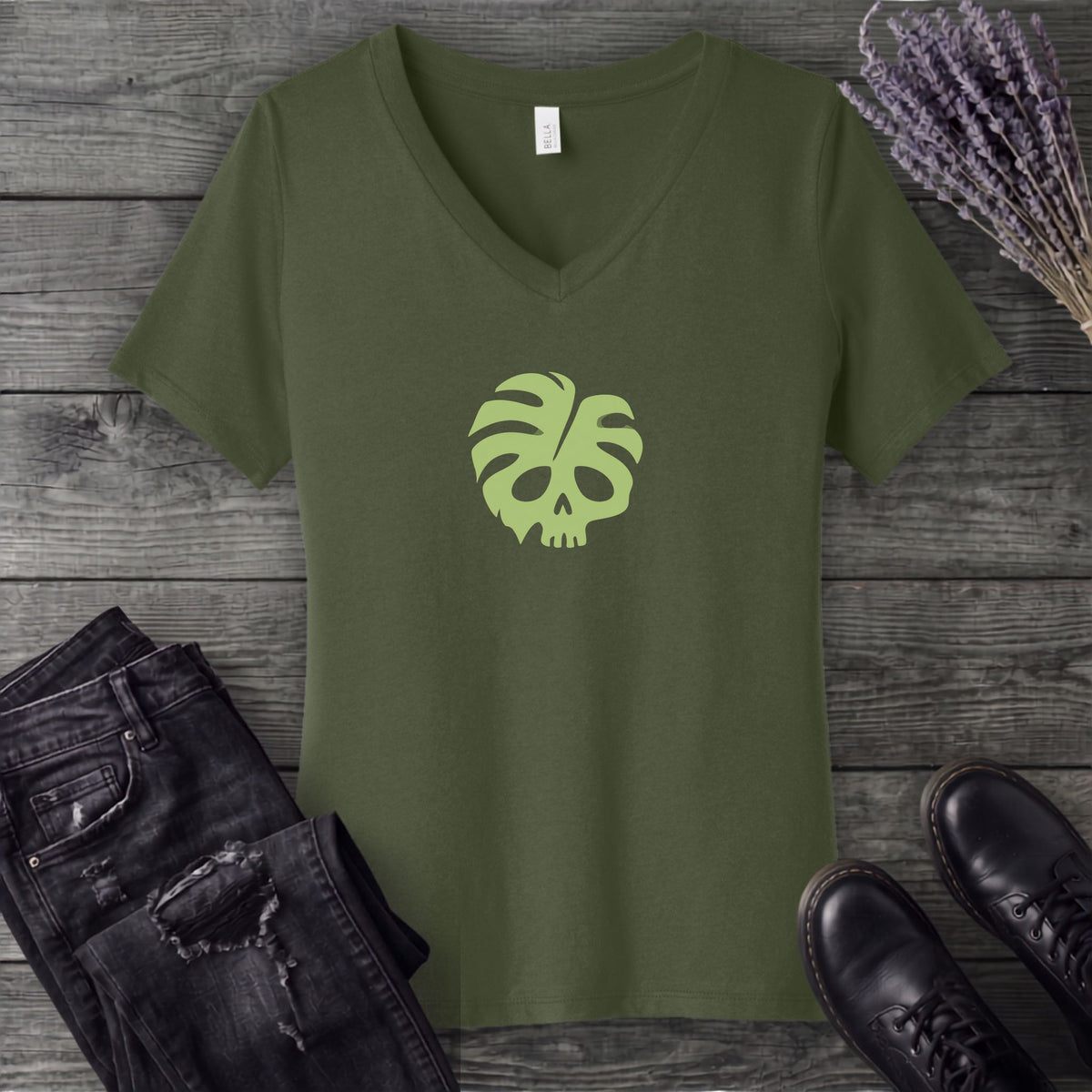 Monstera Skull V-Neck T-Shirt