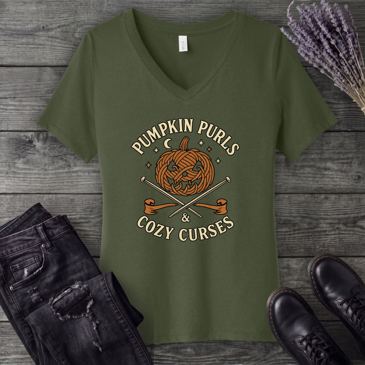 Pumpkin Purls And Cozy Curses V-Neck T-Shirt