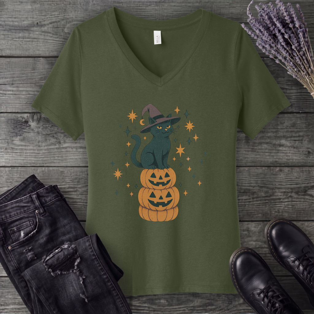 Stacked Cat and Pumpkins V-Neck T-Shirt