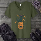 Stacked Cat and Pumpkins V-Neck T-Shirt