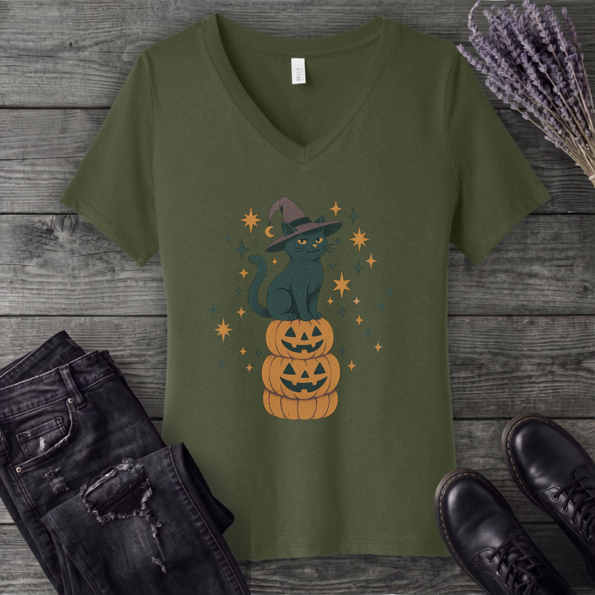 Stacked Cat and Pumpkins V-Neck T-Shirt