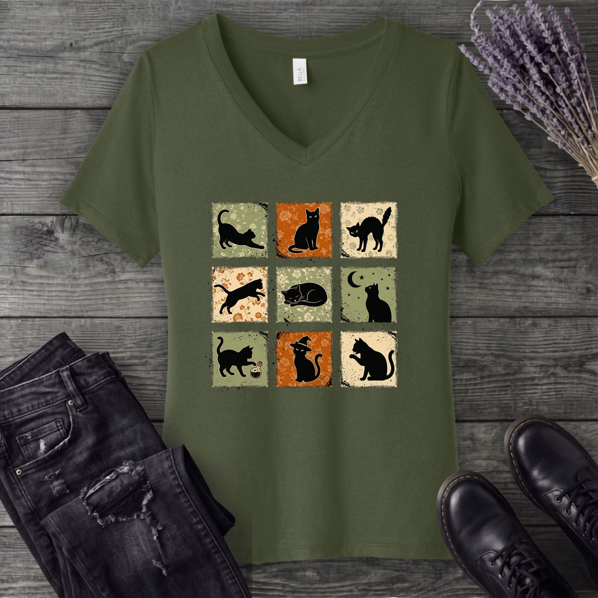 Cat Grid V-Neck T-Shirt