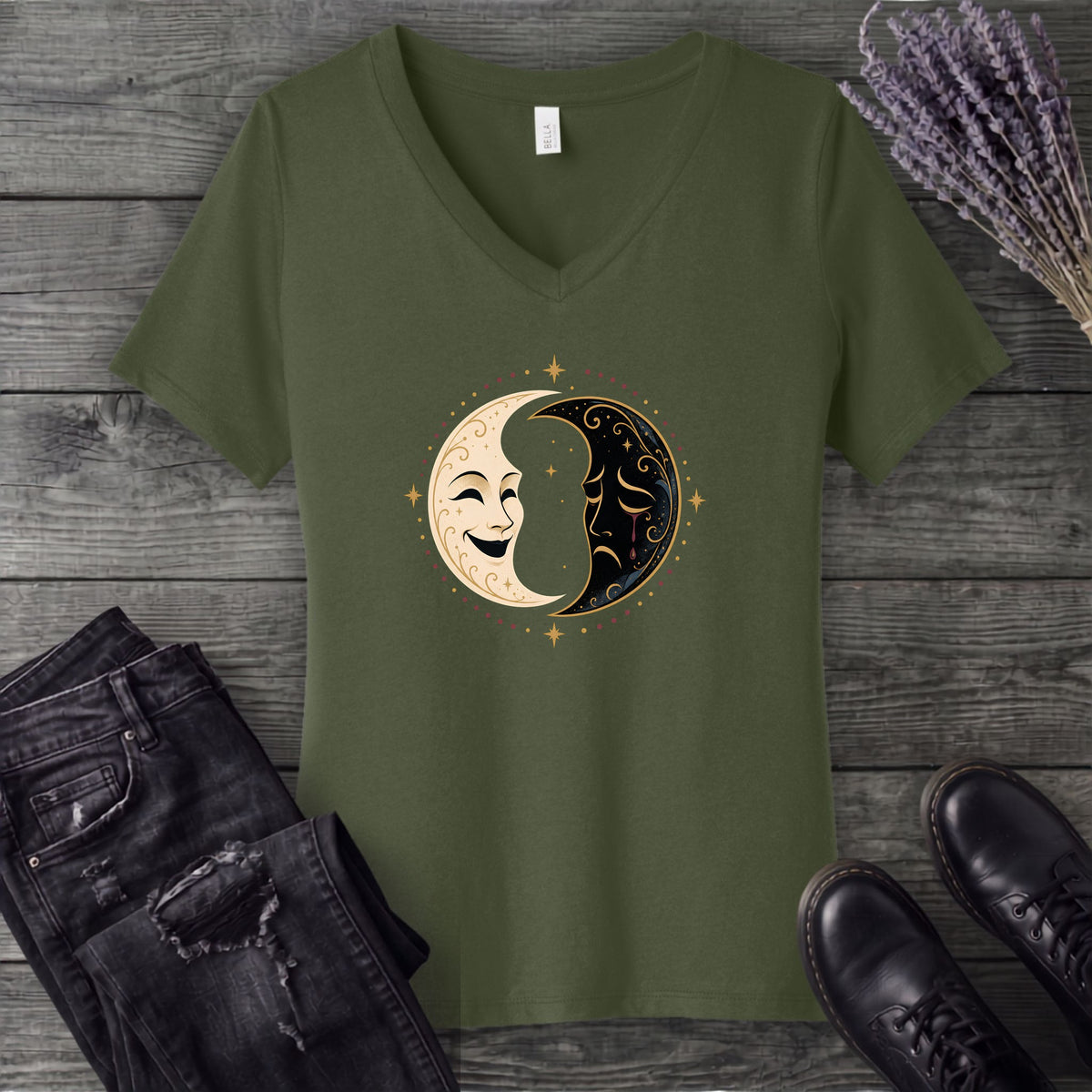 Comedy Tragedy Moons V-Neck T-Shirt