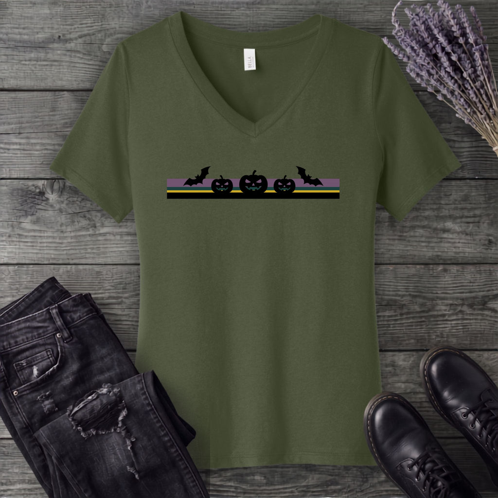 Bats Jack O Lantern Stripe V-Neck T-Shirt