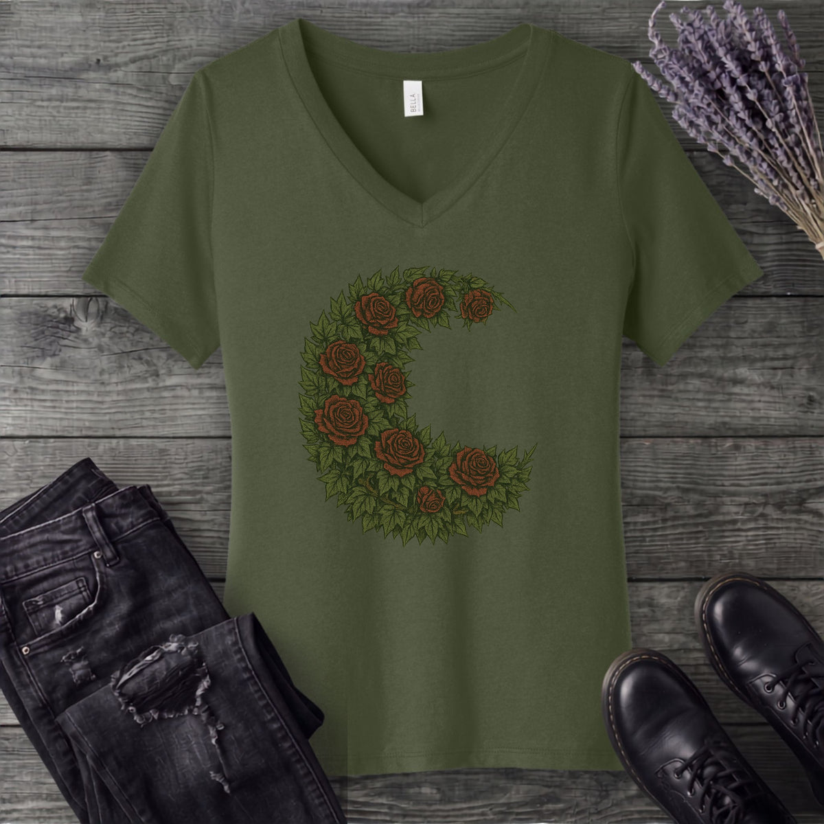 Crescent Moon Roses V-Neck T-Shirt