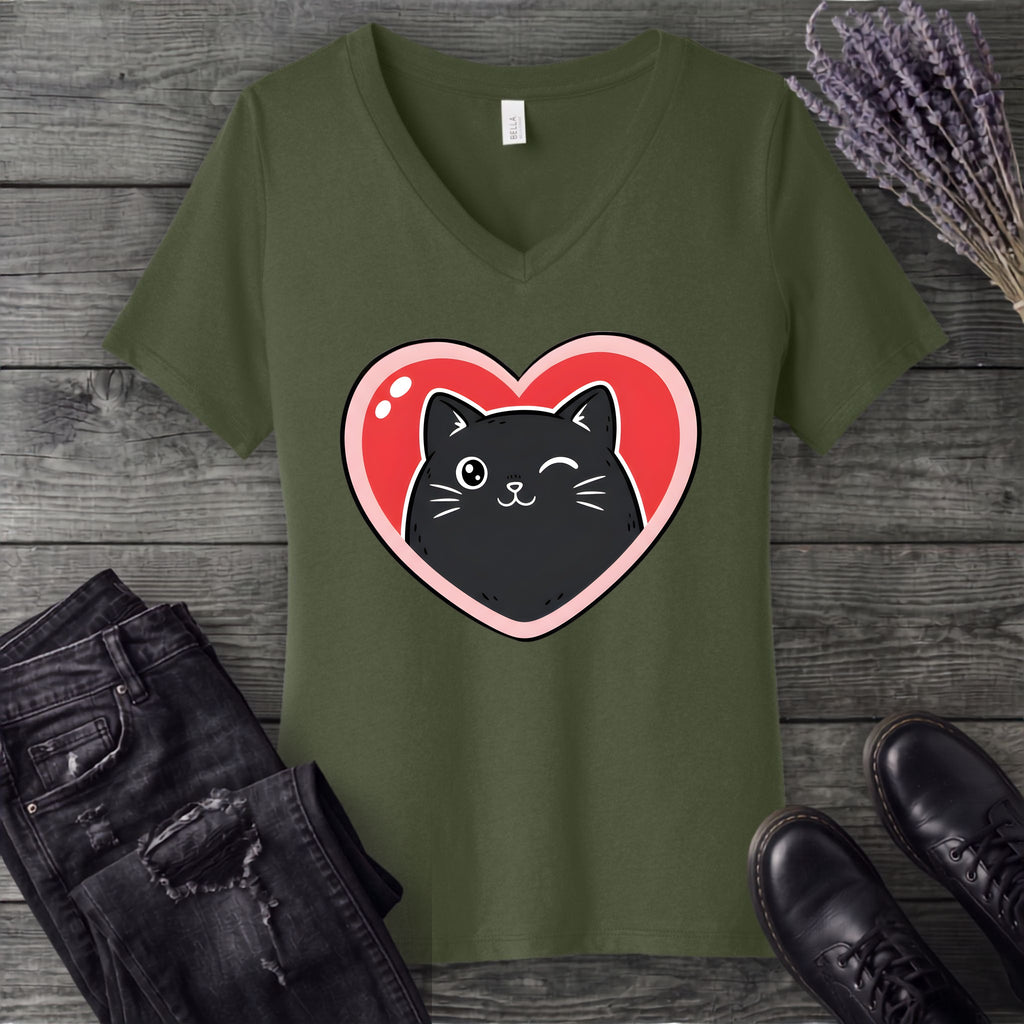 Winking Black Cat Heart V-Neck T-Shirt