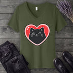 Winking Black Cat Heart V-Neck T-Shirt