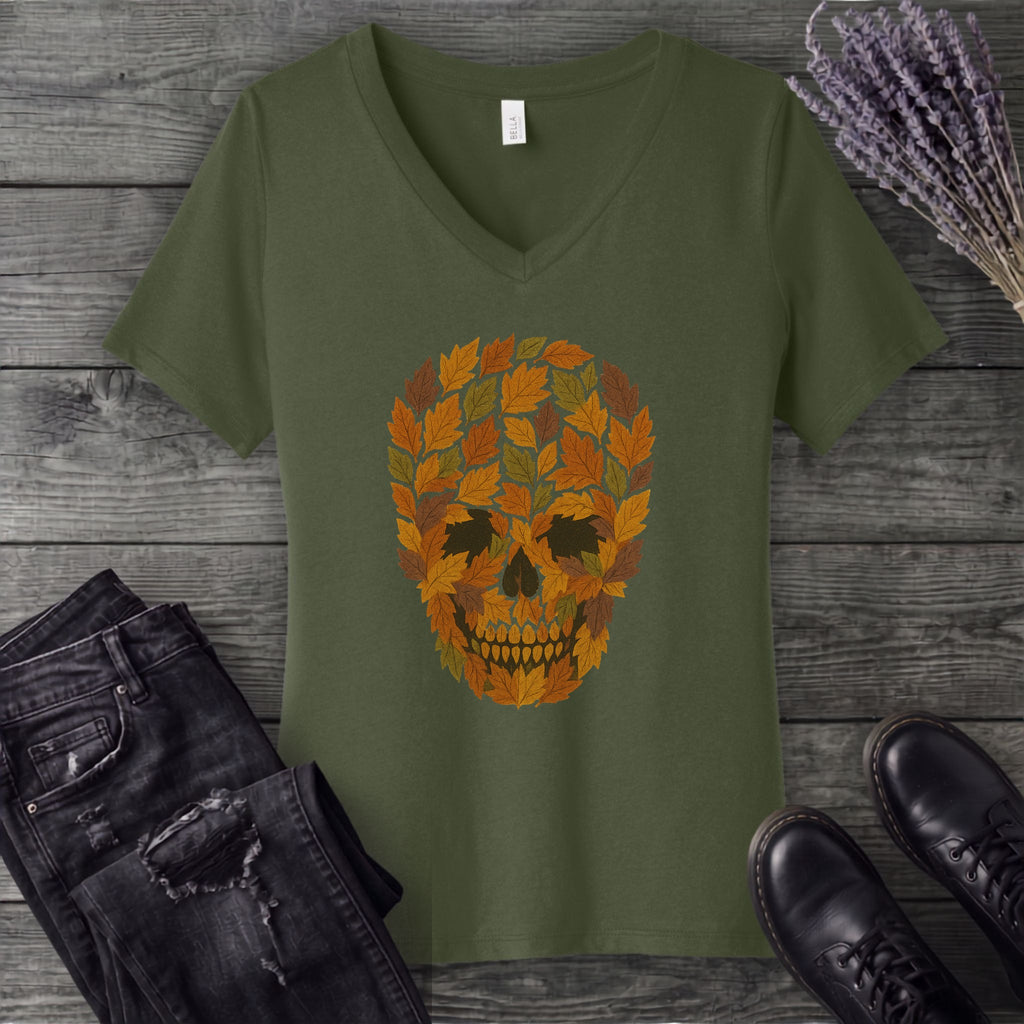 autumn leaves skull V-Neck T-Shirt