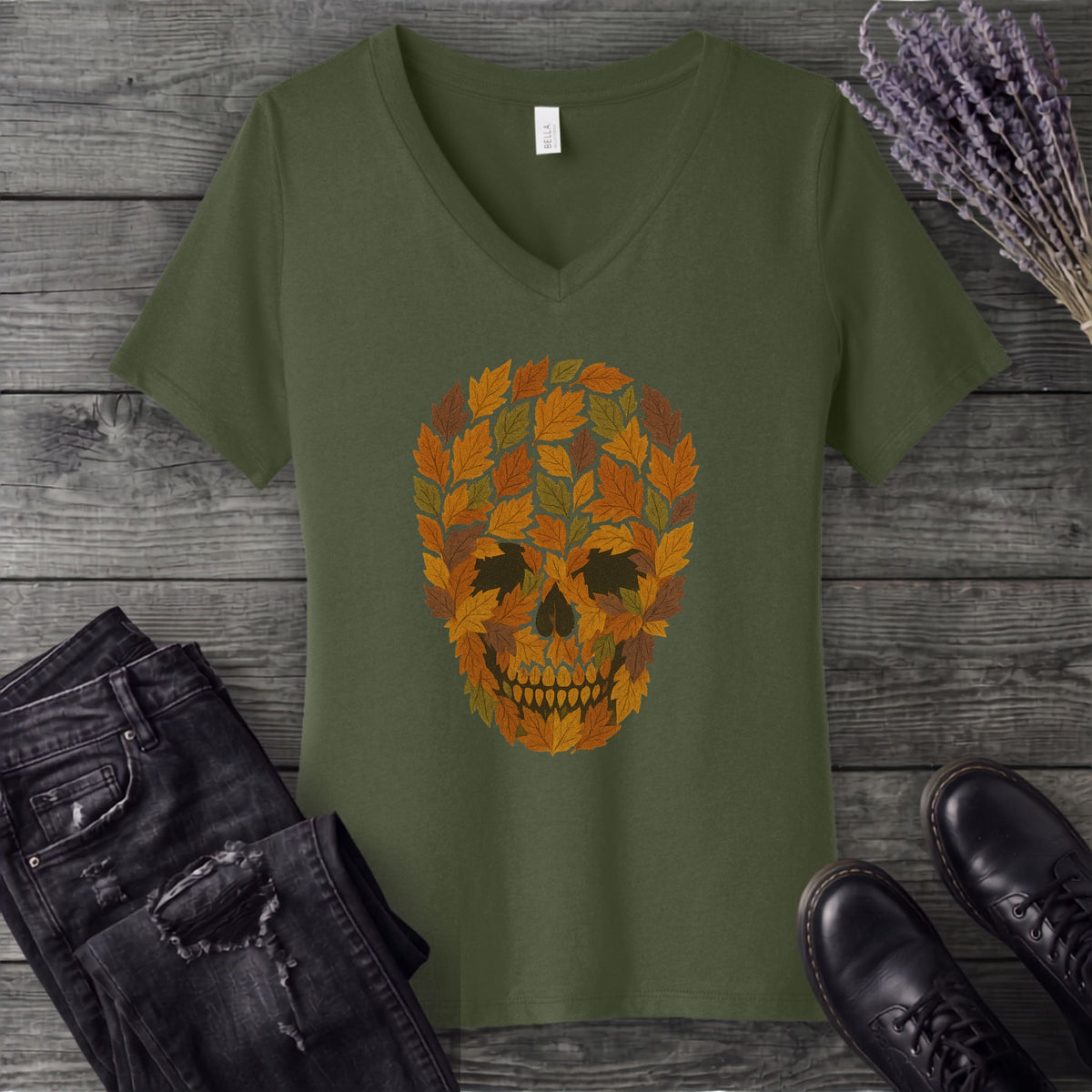 autumn leaves skull V-Neck T-Shirt