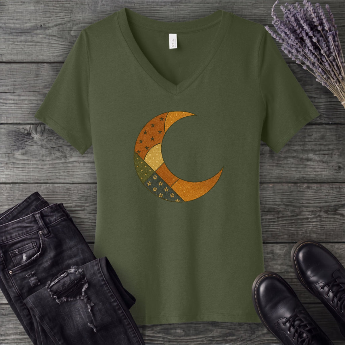 Patchwork Crescent Moon V-Neck T-Shirt