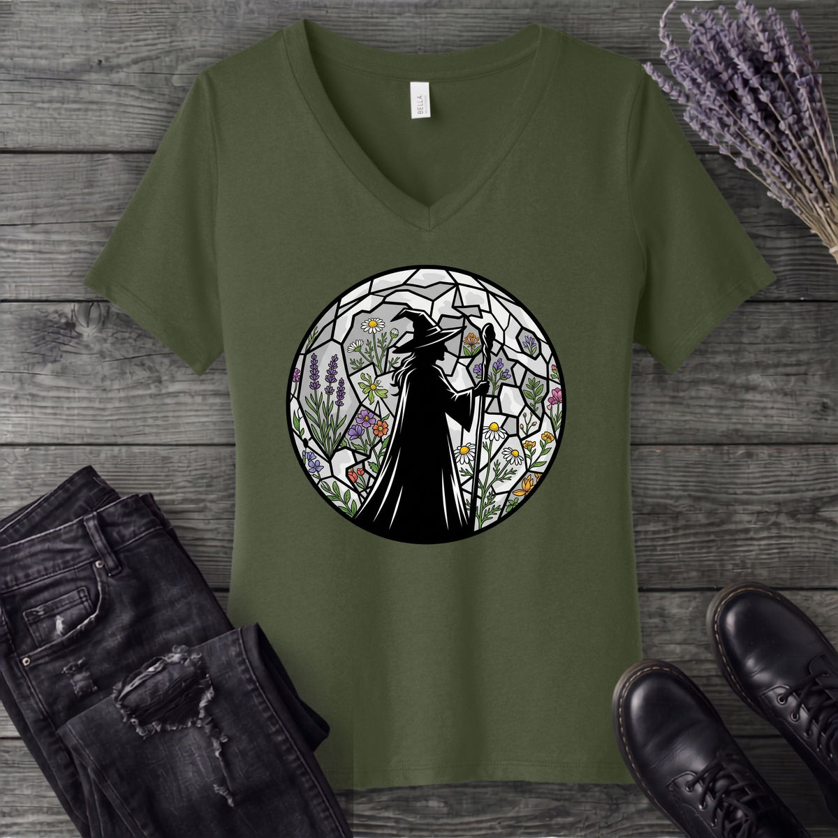 stained glass botanical witch V-Neck T-Shirt