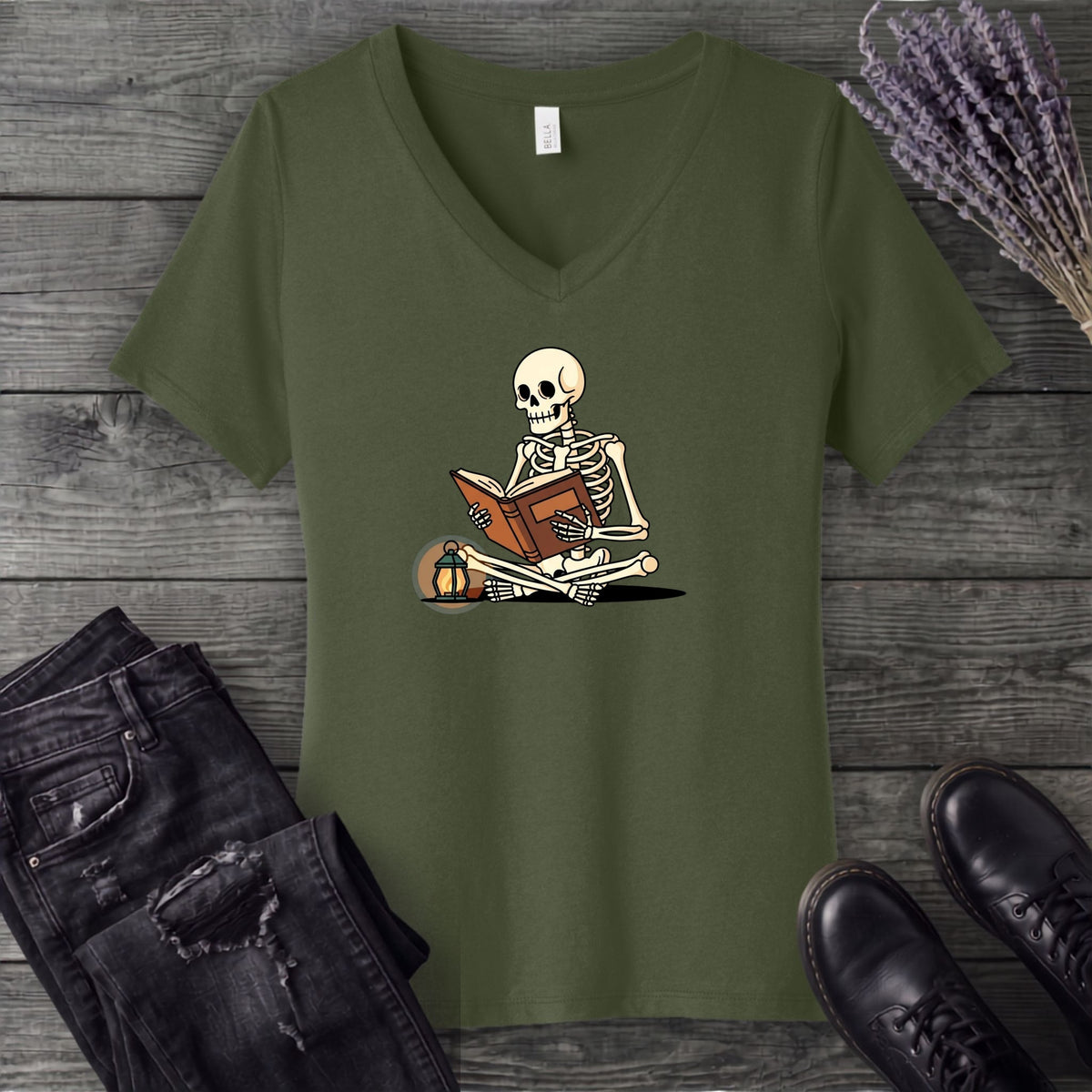 Skeleton Reading V-Neck T-Shirt