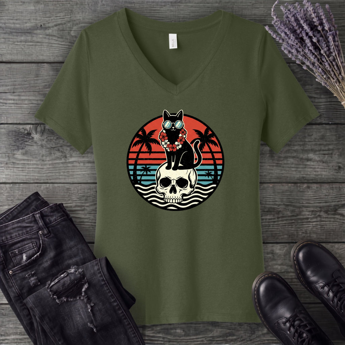 Tropical Cat and Skull V-Neck T-Shirt