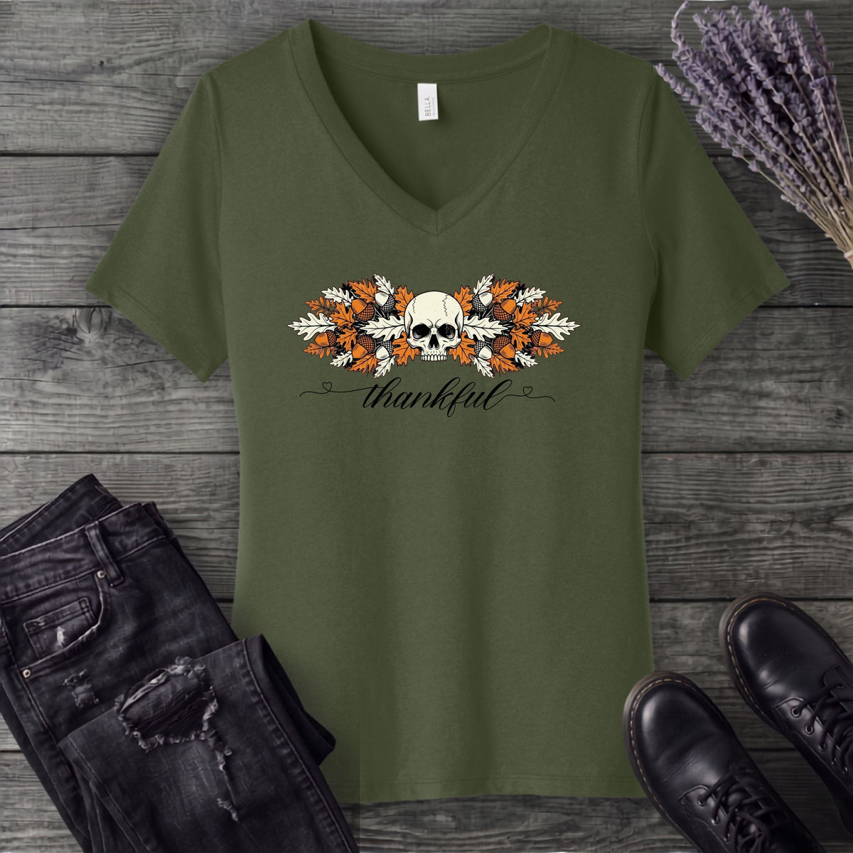 Thankful Leaf Swag Skull V-Neck T-Shirt