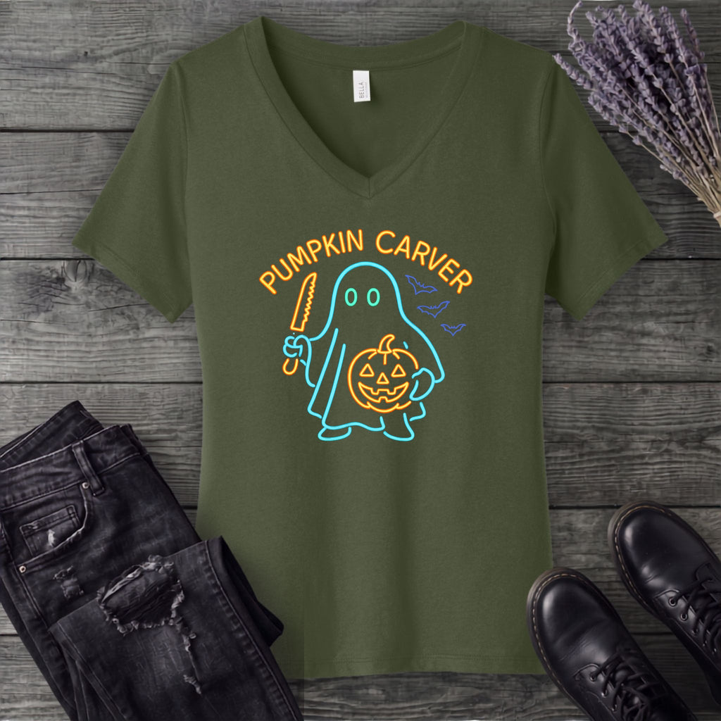 Neon Pumpkin Carver V-Neck T-Shirt