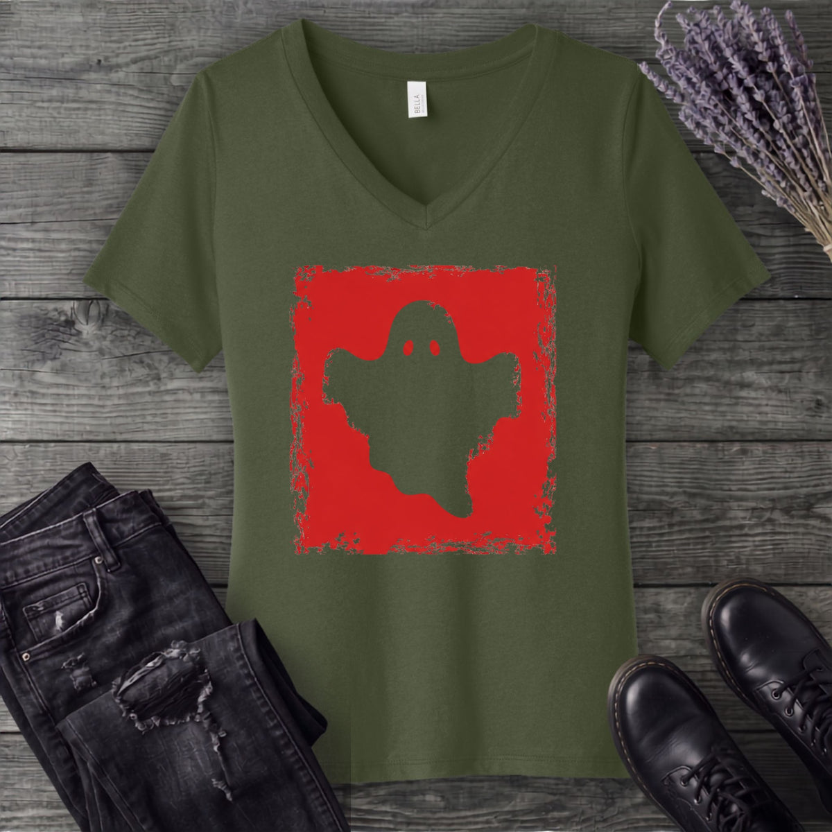 Grunge Stencil Ghost V-Neck T-Shirt