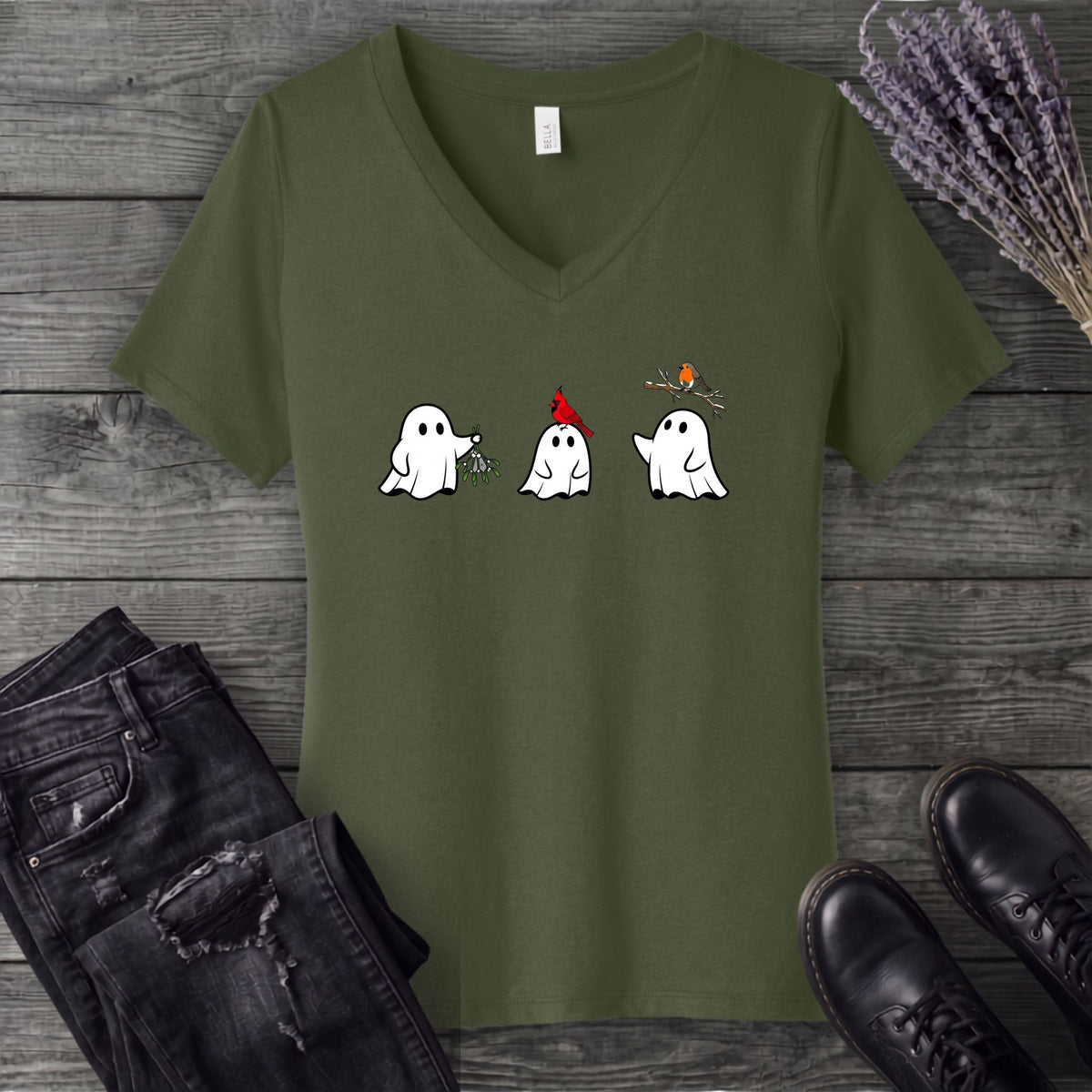 Ghosts With Birds V-Neck T-Shirt