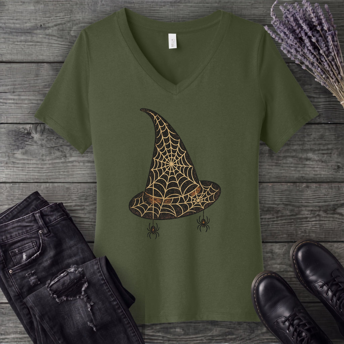 Spiderweb Witch Hat V-Neck T-Shirt