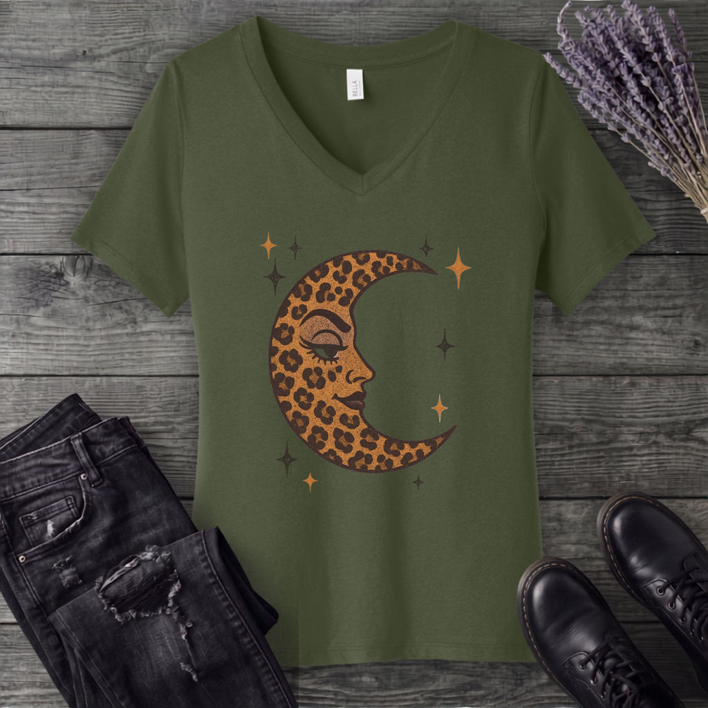 Leopard Print Crescent Moon V-Neck T-Shirt