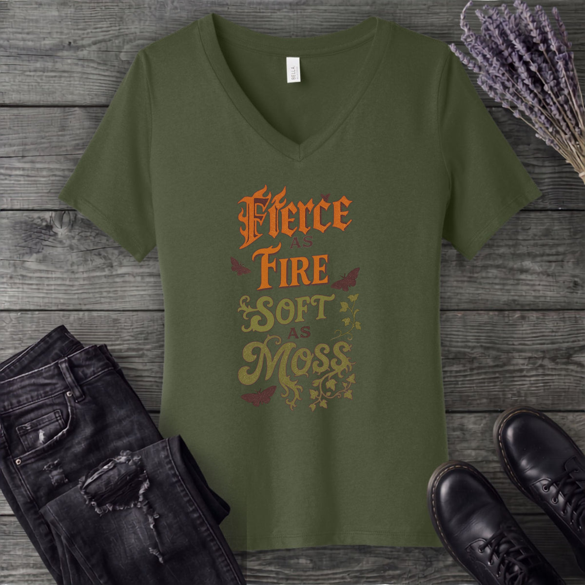 Fierce As Fire Soft As Moss V-Neck T-Shirt
