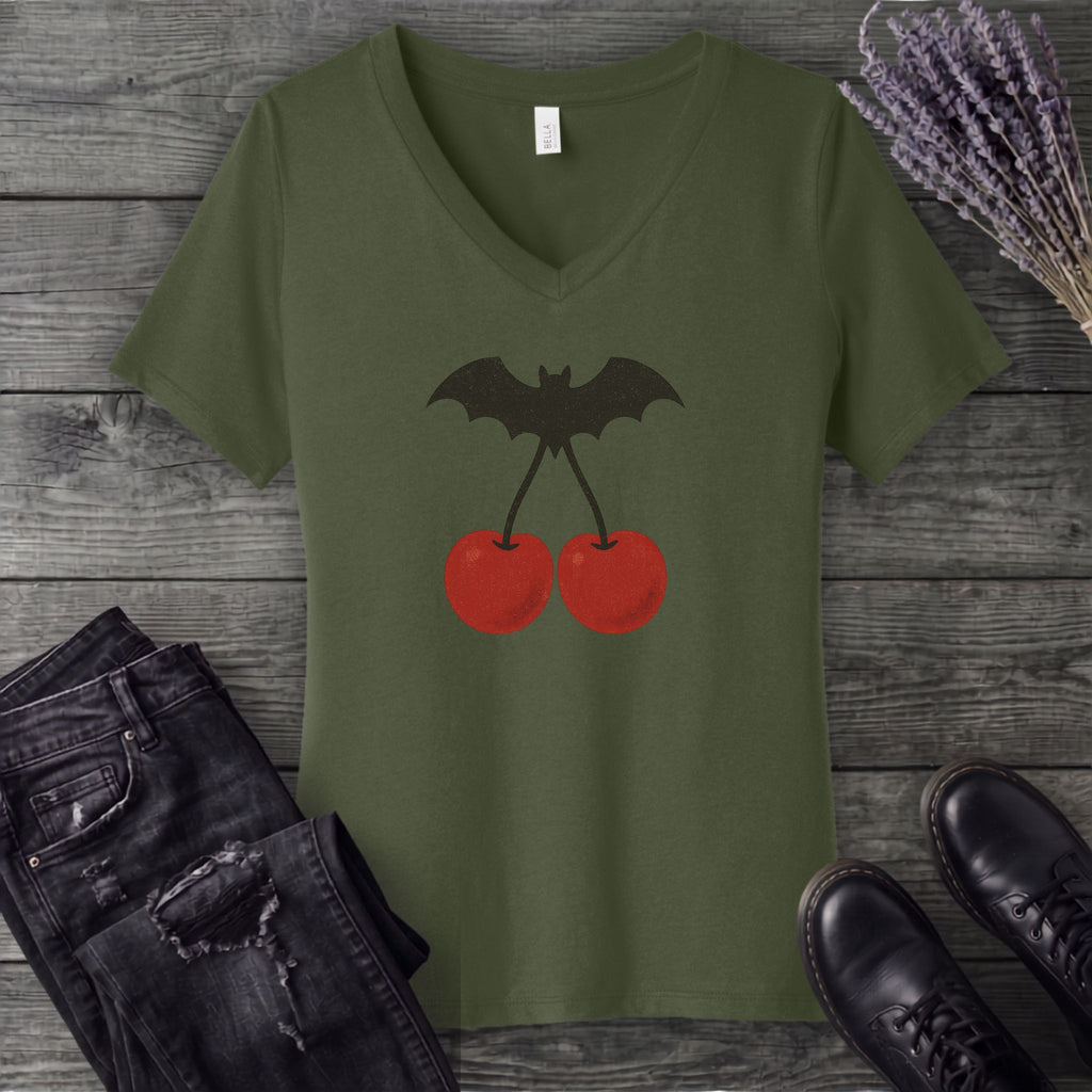 Bat Cherries V-Neck T-Shirt