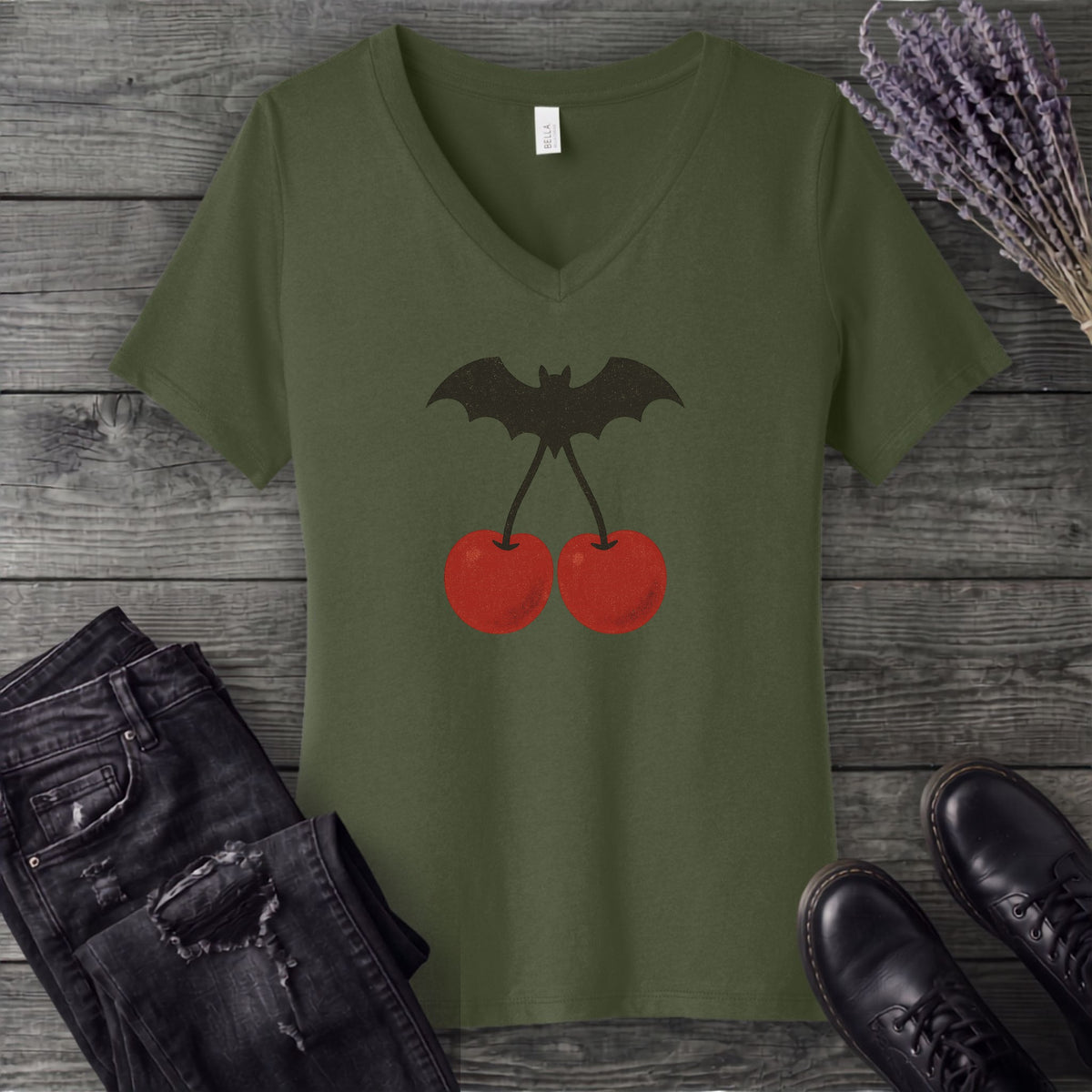 Bat Cherries V-Neck T-Shirt