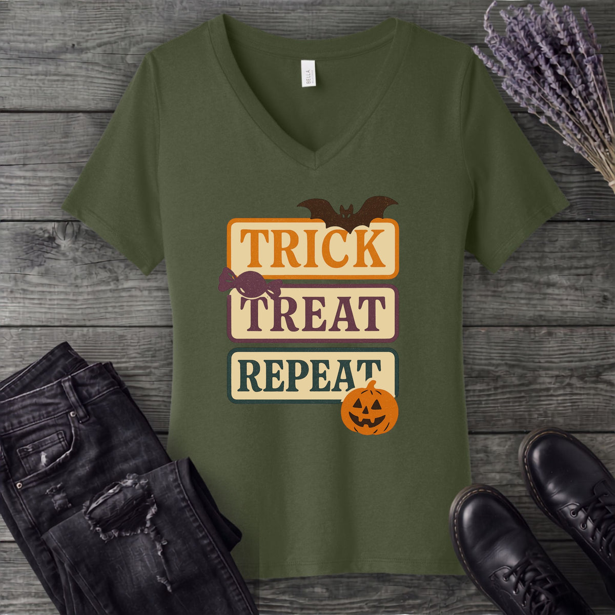 Trick Treat Repeat Muted V-Neck T-Shirt