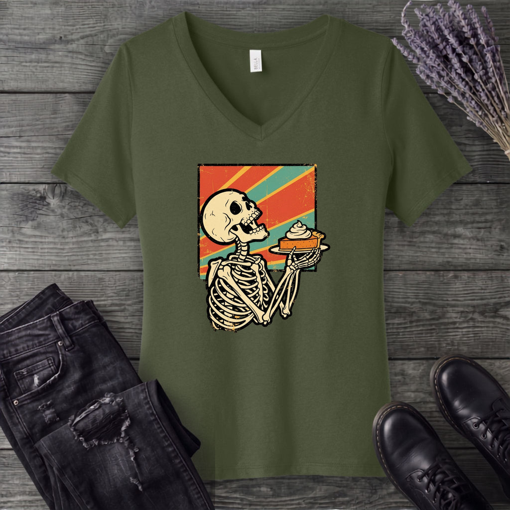 Skeleton Pumpkin Pie Grunge V-Neck T-Shirt
