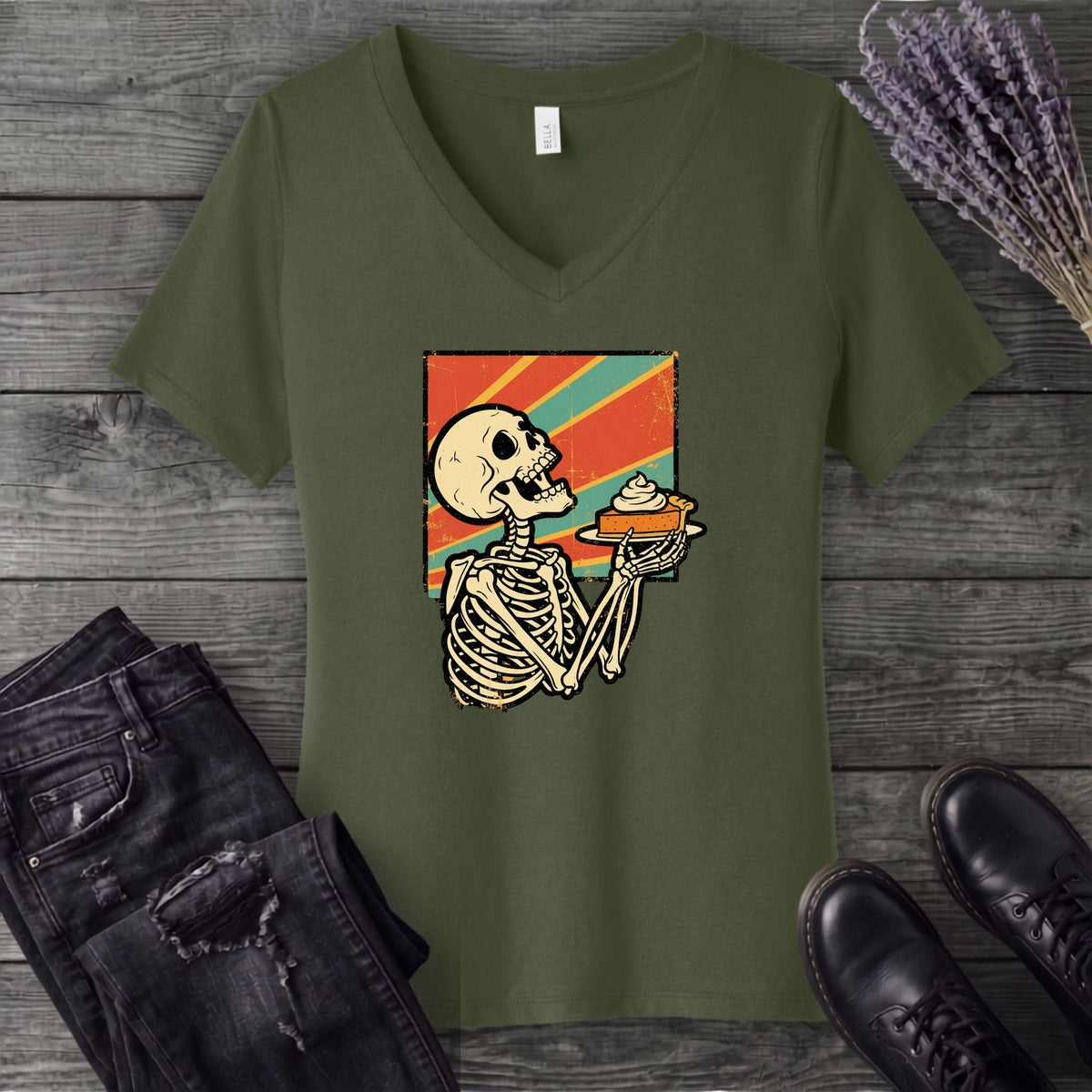 Skeleton Pumpkin Pie Grunge V-Neck T-Shirt