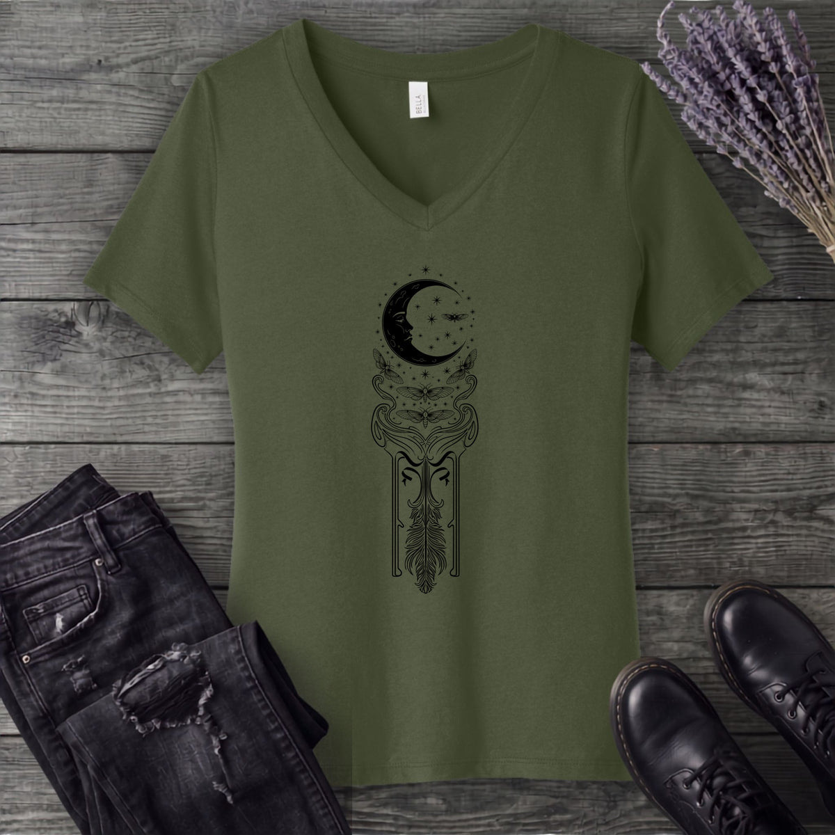 Art Nouveau Crescent Moths V-Neck T-Shirt
