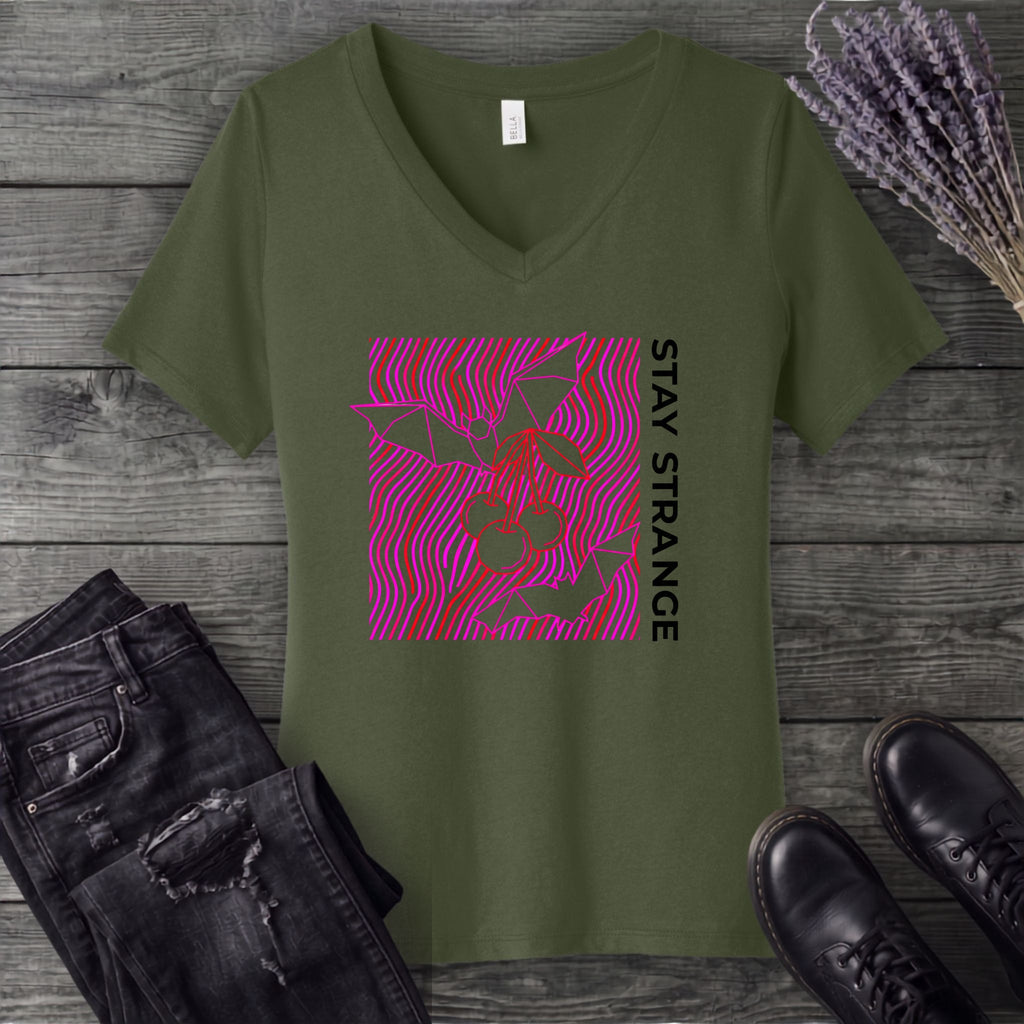 stay strange bats and cherries V-Neck T-Shirt