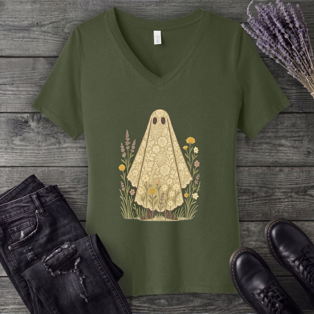 lace ghost V-Neck T-Shirt